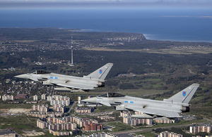A flight over Tallinn City, Estonia, by two Royal Air Force Typhoons from 6 Squadron on NATO's Baltic Air Poilicing Patrol. Credit: UK MoD 