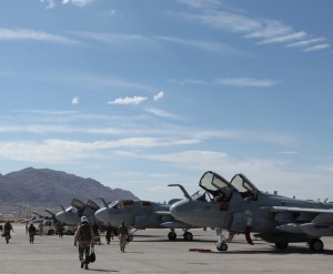 Crewman with Marine Tactical Electronic Warfare Squadron 3 conduct a preflight walk- through of their EA-6B Prowlers at Nellis Air Force Base, Nev., July 22, 2010.
