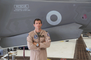 Group Squadron Leader Hugh Nichols standing in front of RAF F-35 at Beaufort Air Station, May 2015. Credit: SLD