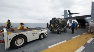 The F-35B Power Module being removed from the Osprey onboard the USS Wasp. Credit: USMC 