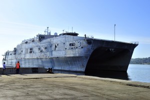 DA NANG, Vietnam (Aug. 17, 2015) – The Military Sealift Command joint high speed vessel USNS Millinocket (JHSV 3) arrives in Vietnam, Aug. 17. Vietnam is the fifth stop for Millinocket and embarked Task Force Forager. Millinocket and embarked Task Force Forager are serving as the secondary platform for Pacific Partnership, led by an expeditionary command element from the Navy’s 30th Naval Construction Regiment (30 NCR) from Port Hueneme, Calif. Now in its 10th iteration, Pacific Partnership is the largest annual multilateral humanitarian assistance and disaster relief preparedness mission conducted in the Indo-Asia Pacific region. While training for crisis conditions, Pacific Partnership, missions have provided medical care to approximately 270,000 patients and veterinary service to more than 38,000 animals. Additionally, Pacific Partnership has provided critical infrastructure development to host nations through the completion of more than 180 engineering products. (U.S. Navy photo by Lt. j.g. Elizabeth Feaster/Released)