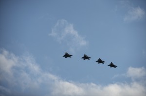 U.S. Air Force F-22 Raptor fighter aircraft pilots assigned to the 95th Fighter Squadron at Tyndall Air Force Base, Fla., fly in formation Aug. 28, 2015, over Spangdahlem Air Base, Germany. This is the first training deployment of the F-22 Raptor in the U.S. European Command theater. The U.S. values the shared commitment and close cooperation with NATO allies on countering a range of regional and global threats. (U.S. Air Force photo by Staff Sgt. Christopher Ruano/Released)