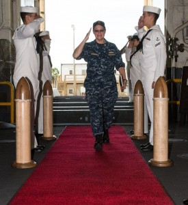 150819-N-ZZ999-003 MAYPORT, Fla. (August 19, 2015) – Rear Admiral Cynthia Thebaud, commander of Expeditionary Strike Group 2, arrives aboard amphibious assault ship USS Iwo Jima (LHD 7) for an all-hands call with Iwo Jima Amphibious Readiness Group Sailors. (U.S. Navy photo by Mass Communication Specialist 3rd Class Andrew Murray/Released) 