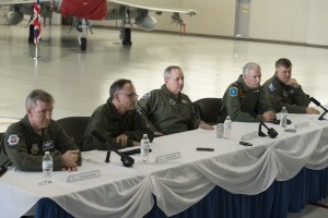 From left, U.S. Air Force Gen. Hawk Carlisle, commander of Air Combat Command, French air force Deputy Chief of the Air Staff Gen. Antoine Creux, Chief of Staff of the U.S. Air Force Gen. Mark A. Welsh III, British Royal Air Force Chief of the Air Staff, Air Chief Marshall Sir Andrew Pulford, and U.S. Air Force Gen. Frank Gorenc, commander of U.S. Air Forces in Europe (USAFE), answer questions during a press conference hosted during the Trilateral Exercise at Langley Air Force Base, Va., Dec. 15, 2015. As part of the exercise, Pulford, Welsh, Creux and Gorenc hosted a press conference to discuss the importance of working together as coalition forces. (U.S. Air Force photo by Tech. Sgt. Katie Gar Ward) 