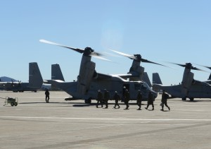 Pilots and crewmen from Marine Medium Tiltrotor Squadron (VMM-764), 4th Marine Air Wing, Marine Forces Reserve, embark their aircraft for their 6,165 mile trip to Rio de Janeiro, Brazil, in support of UNITAS Amphibious 2015 here on Nov. 6, 2015, marking the longest movement in the MV-22B Ospreys operational history. UNITAS Amphibious is a multi-nation exercise designed to increase interoperability in Amphibious Operations and Humanitarian/Disaster Relief missions among participating countries. 