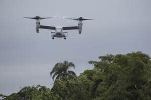 An MV-22B Osprey from Marine Medium Tiltrotor Squadron 764, 4th Marine Air Wing, Marine Forces Reserve, prepares to land during UNITAS Amphibious 2015 at Ilha do Governador, Brazil, Nov. 17, 2015. This exercise demonstrates the commitment of partner nations to ensure their Marine Corps/Naval infantries are postured to provide ready and relevant forces to respond to emergencies anywhere in the Western Hemisphere. (Photo taken by U.S. Marine Lance Cpl. Ricardo Davila/ Released) 