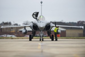 A French Air Force (FrAF) Dassault Rafale arrives for the inaugural Trilateral Exercise at Langley Air Force Base, Va., Dec. 1, 2015. The FrAF, the British Royal Air Force Eurofighter Typhoon and the U.S. Air Force F-22 Raptor will be the primary aircraft participating in the exercise, with the adversary aircraft being replicated by the T-38 Talon and F-15E Strike Eagles. (U.S. Air Force photo by Senior Airman Kayla Newman) 