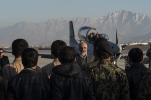 The Minister of Defense for Afghanistan, Mohammad Massom, addresses members of the Afghan air force and Afghan national media after the delivery of four A-29 Super Tucanos to the Afghan air force at Hamid Karzai International Airport, Afghanistan, Jan. 15, 2016. The A-29 Super Tucano is a 'light air support' aircraft capable of conducting close air support, aerial escort, armed overwatch and aerial interdiction. Designed to operate in high temperature and in extremely rugged terrain, the A-29 Super Tucano is highly maneuverable 4th generation weapons system capable of delivering precision guided munitions. It can fly at low speeds and low altitudes, is easy to fly, and provides exceptionally accurate weapons delivery. It is currently in service with 10 different air forces around the world. (U.S. Air Force photo by Tech. Sgt. Nathan Lipscomb) 