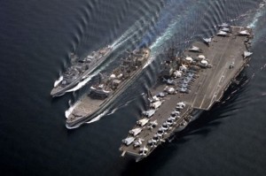 An underway replenishment at sea of a US and French aircraft carrier during Desert Storm. DoD photo.