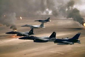 US Jets from 4th Fighter Wing Fly Over Oil Fires Set by Retreating Iraqi Forces during Operation Desert Storm. USAF Photo. 