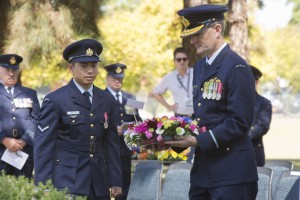 Air Commodore Richard Lennon CSC, Commander Air Mobility Group lays a wreath during the Commemorative Service. *** Local Caption *** A Commemorative Service marking the 73rd Anniversary of the Battle of Bismarck Sea was held at RAAF Base Richmond on Thursday, 03 Mar 2016. The event commemorated the service of Nos 30 and 22 SQN personnel, together with the associated American Forces in the Battle of the Bismarck Sea 02 - 04 Mar 1943. The battle resulted in a victory that removed any likelihood that Japan would be able to regain the initiative in New Guinea and therefore invade Australia. Chaplain (Squadron Leader) Christine Senni welcomes guests to the Commemorative Service. 