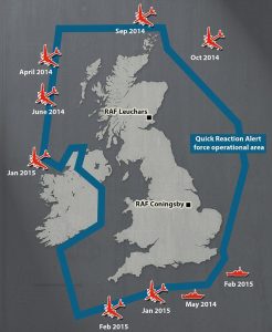 Map published by the Daily Mail on 2/19/15 showing Typhoon intercepts of Russian aircraft in 2014 and 2015 up to that point. 
