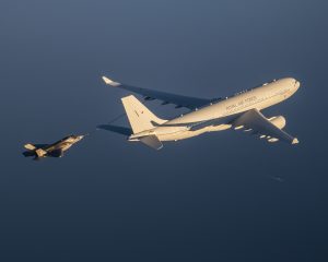 BF-04 Flt 371 piloted by LtCol Tom Fields performs aerial refueling tests with a KC-30 Voyager tanker on 16 May 2016 from NAS Patuxent River, MD 