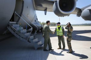 Group Captain Adam Williams greets Wing Commander Vishal Khanna and the crew of the Indian C-17 Globemaster on their arrival at RAAF Base Amberley. *** Local Caption *** An Indian C-17 Globemaster lands in Australia for the first time at RAAF Base Amberley. The Indian C-17 Globemaster is stopping en-route for refuelling support from RAAF Base Amberley, loaded with humanitarian supplies for Fiji in the wake of the devastating Cyclone Winston. Air staff talks between Australia and India in 2015 agreed to increase interaction and cooperation between the Royal Australian Air Force and the Indian Air Force C-17 Globemaster crews. 