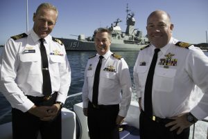 Chief of Navy, Vice Admiral Tim Barrett, AO, CSC, RAN with Rear Admiral Adam Grunsell, AM, CSC, RAN (left) and Fleet Commander, Rear Admiral Stuart Mayer, CSC and Bar, RAN (right) spent three days in the west this week conducting Navy's day to day business from HMAS Stirling. *** Local Caption *** Chief of Navy, Vice Admiral Tim Barrett, AO, CSC, RAN with Rear Admiral Adam Grunsell, AM, CSC, RAN (left) and Fleet Commander, Rear Admiral Stuart Mayer, CSC and Bar, RAN (right) spent three days in the west this week conducting Navy's day to day business from HMAS Stirling. 