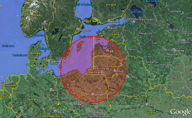 Projected S-400 range from Kaliningrad. http://foxtrotalpha.jalopnik.com/russias-buildup-of-s-400-missile-batteries-in-kaliningr-1752792417