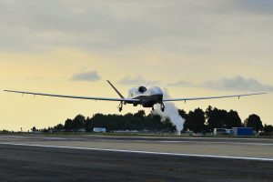 The MQ-4C Triton unmanned aircraft system approaches the runway at Naval Air Station Patuxent River, Md., after completing its inaugural cross-country flight from California. The Navy will conduct Triton flight tests at Patuxent River in preparation for an operational deployment in 2017. (U.S. Navy photo by Kelly Schindler/Released) 