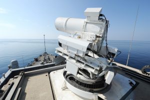 The Afloat Forward Staging Base (Interim) USS Ponce (ASB(I) 15) conducts an operational demonstration of the Office of Naval Research (ONR)-sponsored Laser Weapon System (LaWS) while deployed to the Arabian Gulf. (U.S. Navy photo by John F. Williams/Released) 