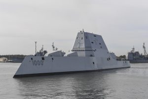 161025-N-UK306-064 JACKSONVILLE, Fla. (Oct. 25, 2016) The guided-missile destroyer USS Zumwalt (DDG 1000) transits Naval Station Mayport Harbor on its way into port. Crewed by 147 Sailors, Zumwalt is the lead ship of a class of next-generation destroyers designed to strengthen naval power by performing critical missions and enhancing U.S. deterrence, power projection and sea control objectives. (U.S. Navy photo by Petty Officer 2nd Class Timothy Schumaker/Released) 
