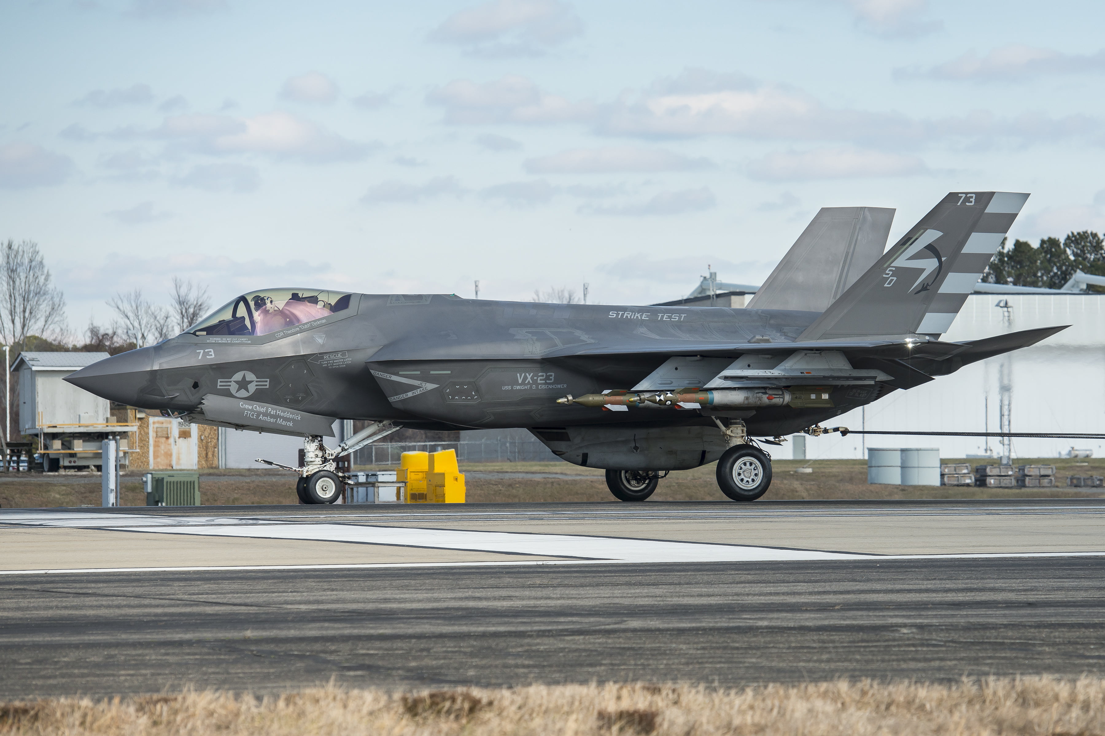 First Arrestment of an F-35C with External Weapons Load.