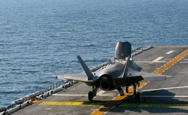 The F-35B aboard the USS Wasp during the October 2011 Ship Trials (Credit: SLD)