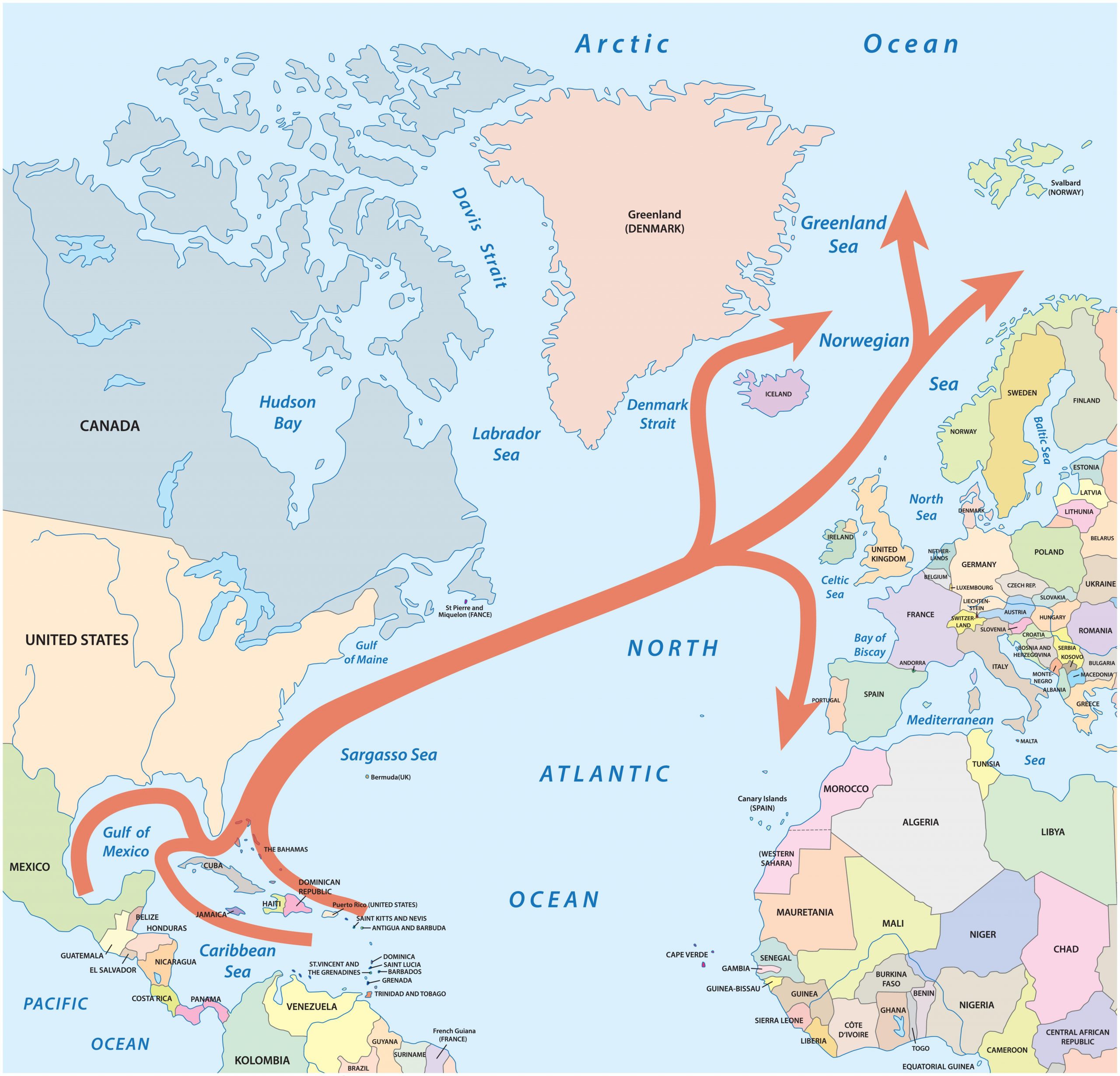 Теплое течение европы. Гольфстрим и Лабрадорское течение на карте. Гольфстрим и Северо атлантическое течение на карте. Схема движения течения Гольфстрим.